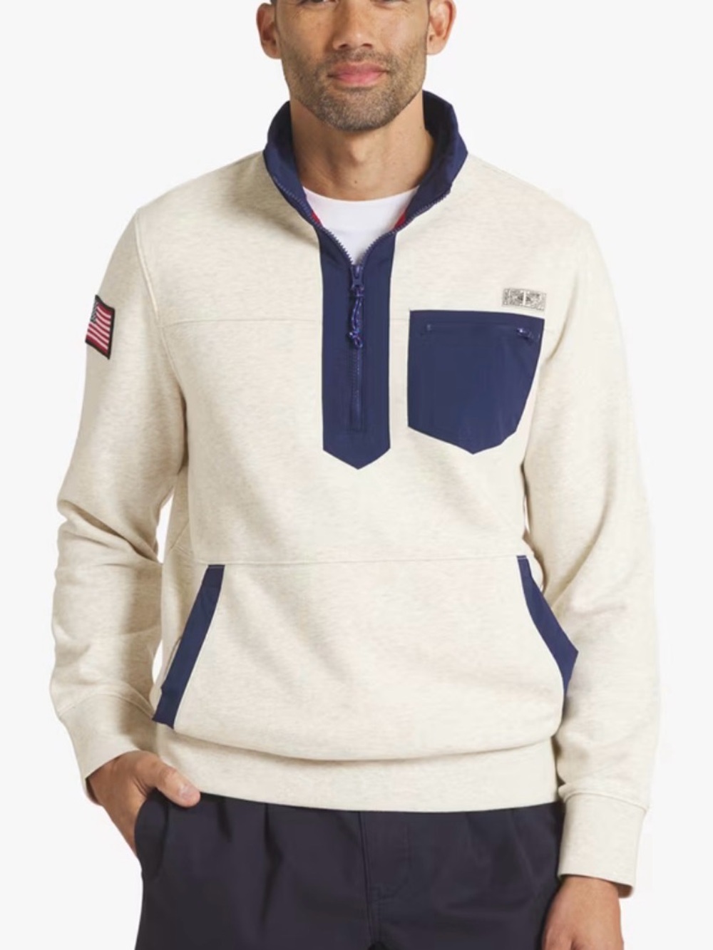 Chaps Men's Cream Half-Zip Sweater with Navy Trim